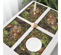 QRFASFZO Table Mats Set of 6, Place Mats Table Placemats Washable Non-slip Heat Insulation Woven Vinyl for,Animal, a tiger, with unique stripes passing through the bamboo, showing its fierce,12x18 in