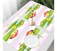 QRFASFZO Table Mats Set of 6, Place Mats Table Placemats Washable Non-slip Heat Insulation Woven Vinyl for,Cartoon of a green frog sitting on a lotus surrounded by a mushroom house and pink,12x18 in