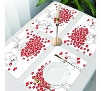 QRFASFZO Table Mats Set of 6, Place Mats Table Placemats Washable Non-slip Heat Insulation Woven Vinyl for,Cartoon cotton sheep, cute sheep holding a bouquet of red flowers, surrounded by,12x18 in