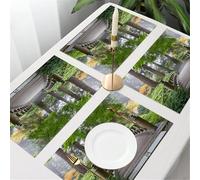 QRFASFZO Table Mats Set of 6, Place Mats Table Placemats Washable Non-slip Heat Insulation Woven Vinyl for,Apartment Decor,Bridge in a Lush Green Setting, Flanked by Ancient Trees and Mornin,12x18 in
