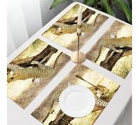 QRFASFZO Table Mats Set of 6, Place Mats Table Placemats Washable Non-slip Heat Insulation Woven Vinyl for,Animal, a majestic leopard, down the weathered wood, surrounded by golden grass fro,12x18 in