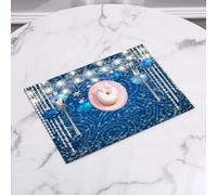 QRFASFZO Table Mats Set of 6, Place Mats Table Placemats Washable Non-slip Heat Insulation Woven Vinyl for,Illustration of Christmas or New Year decoration with blue balls silver stars light,12x18 in