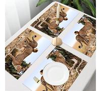 QRFASFZO Table Mats Set of 6, Place Mats Table Placemats Washable Non-slip Heat Insulation Woven Vinyl for,Animals, three cheetahs stand on the African grassland, exuding wild beauty,12x18 in