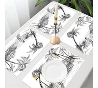 QRFASFZO Table Mats Set of 6, Place Mats Table Placemats Washable Non-slip Heat Insulation Woven Vinyl for,Black and white beach, black - and - white on the beach, beach sketch - themed illu,12x18 in