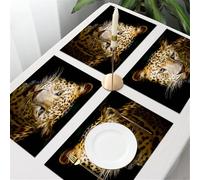 QRFASFZO Table Mats Set of 6, Place Mats Table Placemats Washable Non-slip Heat Insulation Woven Vinyl for,Animal, leopard's close-up face with striking spots and strong eyes on a black back,12x18 in