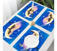 QRFASFZO Table Mats Set of 6, Place Mats Table Placemats Washable Non-slip Heat Insulation Woven Vinyl for,cat, a cat sleeping on the moon, surrounded by twinkling stars and soft clouds,12x18 in