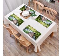 QRFASFZO Table Mats Set of 6, Place Mats Table Placemats Washable Non-slip Heat Insulation Woven Vinyl for,Idyllic forest, weathered log bridge ng on a green waterfall, embraced by tranquil,12x18 in