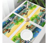 QRFASFZO Table Mats Set of 6, Place Mats Table Placemats Washable Non-slip Heat Insulation Woven Vinyl for,Cartoon, cheerful animals playing around the pond, surrounded by green and flowers,12x18 in