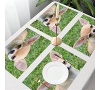 QRFASFZO Table Mats Set of 6, Place Mats Table Placemats Washable Non-slip Heat Insulation Woven Vinyl for,Animal, a cute chihuahua puppy stares at the lush lawn,12x18 in