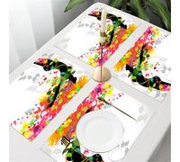 QRFASFZO Table Mats Set of 6, Place Mats Table Placemats Washable Non-slip Heat Insulation Woven Vinyl for,Art, black silhouette of a woman surrounded by vibrant colorful design,12x18 in