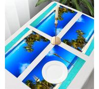 QRFASFZO Table Mats Set of 6, Place Mats Table Placemats Washable Non-slip Heat Insulation Woven Vinyl for,Blue beach near green leaf coconut trees under clear blue sky,12x18 in