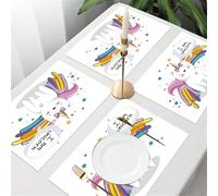 QRFASFZO Table Mats Set of 6, Place Mats Table Placemats Washable Non-slip Heat Insulation Woven Vinyl for,Cartoon, a white kitten with unicorn and rainbow wings surrounded by colorful stars,12x18 in