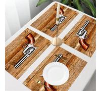 QRFASFZO Table Mats Set of 6, Place Mats Table Placemats Washable Non-slip Heat Insulation Woven Vinyl for,Antique gun pistol army danger Gun on wooden background,12x18 in