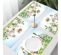 QRFASFZO Table Mats Set of 6, Place Mats Table Placemats Washable Non-slip Heat Insulation Woven Vinyl for,Cat, four cartoon-style kittens surrounded by flowers, and there are flying butterf,12x18 in