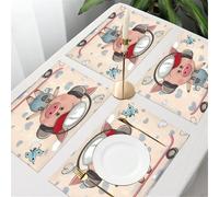 QRFASFZO Table Mats Set of 6, Place Mats Table Placemats Washable Non-slip Heat Insulation Woven Vinyl for,Cartoon，A piglet in work clothes, headphones and hat, skating on a background with,12x18 in