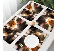QRFASFZO Table Mats Set of 6, Place Mats Table Placemats Washable Non-slip Heat Insulation Woven Vinyl for,Animal, a brown and white puppy lying on the ground, eyes reflecting the feeling of,12x18 in