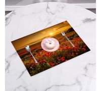 QRFASFZO Table Mats Set of 6, Place Mats Table Placemats Washable Non-slip Heat Insulation Woven Vinyl for,Poppy field, poppy field at sunset Sunbeam ow Cloudscape Wildflower scene, beige an,12x18 in