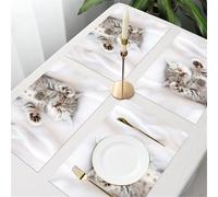 QRFASFZO Table Mats Set of 6, Place Mats Table Placemats Washable Non-slip Heat Insulation Woven Vinyl for,cute little grey-blue British kitten is sleeping wrapped in a white plaid a blanket,12x18 in