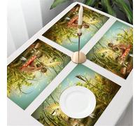 QRFASFZO Table Mats Set of 6, Place Mats Table Placemats Washable Non-slip Heat Insulation Woven Vinyl for,Cartoon, a elves with glittering wings surrounded by tall plants, nestled on red mu,12x18 in