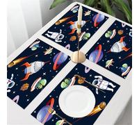 QRFASFZO Table Mats Set of 6, Place Mats Table Placemats Washable Non-slip Heat Insulation Woven Vinyl for,Cartoon space.Planets asteroids astronauts ufo spaceships and stars isolated on blu,12x18 in