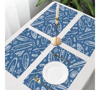 QRFASFZO Table Mats Set of 6, Place Mats Table Placemats Washable Non-slip Heat Insulation Woven Vinyl for,seamless pattern of doodled surfboards with blue and white outlines, set against a,12x18 in