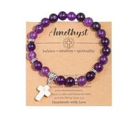 QRH Christian Cross Natural Stone Beads Bracelet Energy Crystal Cross Charm Strechy Bracelets Crucifix Anxiety Yoga Catholic Religious Jewelry, Stretchy Size, Stone, no gemstone