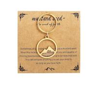 QRH Christian Mustard Seed Keychain with Message Card Round Mountain Hill Faith Mustard Seed Keyring Religious Jewelry Gift, Gold