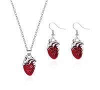 QRH Halloween Anatomy Heart Earrings Necklace Set 3D Scary Gothic Human Heart Organs Earrings Necklace Bloody Red Cardiac Halloween Cosplay Party Costume Jewelry Gift, Resin, No Gemstone