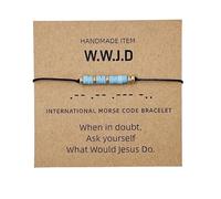 QRH Morse Code Turquoise Beaded WWJD Bracelets WWJD Tiny Turquoise Stone Beads Morse Code String Rope Bracelets What Would Jesus Do Baptism Religious Christian GIft with Message Card, Adjustable Size