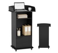 Qriocioa Podium Stand with Metal Wheels Wooden Lectern Podium Stand Portable Pulpit Standing with Storage Mobile Reception Podiums Desk for Church Office School Conference Restaurant Meeting, Black