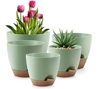 QRRICA Plant Pots 10/9/8/7.5/7 Inch Self Watering Pots, Set of 5 Plastic Planters with Drainage Holes and Saucers,Plastic Flower Pots,Nursery Planting Pot for Indoor Out Door Plants(Green)