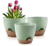QRRICA Plant Pots 10/9/8 Inch Self Watering Pots, Set of 3 Plastic Planters with Drainage Holes and Saucers,Plastic Flower Pots,Nursery Planting Pot for Indoor Out Door Plants（Green）