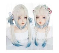 QRSTUVXZY Wigs for Women Irregular Coloring Straight Wig with Bangs White Gradient Blue Long Synthetic Wig Girl Cosplay Lolita Wig Soft Breathable Heat Resistant Wig for Daily Party Cosplay Use
