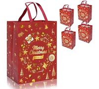 QRTDXP 4pcs Large Red Xmas Gift Bags for Presents,41 * 30 * 18cm Gold Tote Bags with Various Christmas Elements，Reusable Non-woven Bag with Handles