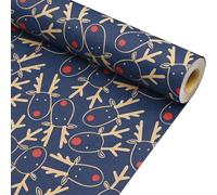 QRTDXP Christmas Wrapping Paper Rolls,43cm*12m Blue Kraft Gifts Paper with Red Nosed Deer Head,Xmas Kraft Paper for Wrapping Gifts
