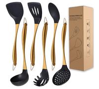 QRU Kitchen Utensils Set, Large Non-stick Silicone Cooking Utensils Set 6 Pcs,Made of 446°F Heat Resistant Food Grade Silicone and Stainless Steel Handles,Easy to Clean Kitchen Gadgets Set (Gold)