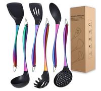QRU Kitchen Utensils Set, Large Non-stick Silicone Cooking Utensils Set 6 Pcs,Made of 446°F Heat Resistant Food Grade Silicone and Stainless Steel Handles,Easy to Clean Kitchen Gadgets Set (Rainbow)