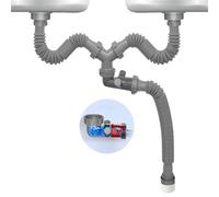 QruiLanTu Double Sink Waste Kit Flexible 1 1/2 Inch P-Trap Pipe Comes with Visual One Way Waste Valve 4-Way Connector for Bathroom Kitchen Sink Dishwasher Garbage Disposer Drain Pipe