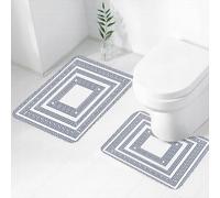 QRWOEAW 2 piece bath mat set Non-sliding,Greek key, blue and white tile mosaic pattern with antique meandering,bathroom cushion water absorption bathtub machine washable carpet toilet floor