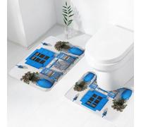 QRWOEAW 2 piece bath mat set Non-sliding,Santorini, the blue and white secret island town in the Aegean Sea,bathroom cushion water absorption bathtub machine washable carpet toilet floor