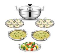 QSEC 3-in-1 Stainless Steel idli maker Induction triply base Idly Cooker Multi Kadai idly Steamer dhokla cooker | 5mm thick Base All-in-One Big Size with 5 Plate | 2 idli | 2 Dhokla | 1 Patra |