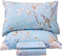 QSH 100% Egyptian Cotton Sheets Full Size Set, Blue Bird Plant Pattern Botanical Luxury Cotton Printed Bedding Floral Full Bed Sheets Extra Soft and Breathable 4pcs Deep Pockets Sheets