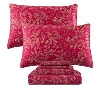 QSH Floral King Size Sheet Sets - 100% Egyptian Cotton Floral Bedding Sheets Red Flower Pattern Botanical Printed Bedding King Size Bed Sheets 17.5" Extra Deep Pocket 4pcs