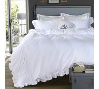 Queen's House 3 Pieces Duvet Cover Set Washed Cotton White Ruffled Duvet Quilt Cover with Zipper Bedding Set California King Size-Shabby Ruffle,White