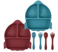 Qshare 4 Pcs Suction Baby Plate Set with Fork Spoon,Silicone Baby Suction Plates for Toddler Kids Self Feeding,BPA Free Silicone Feeding Set for Babies Toddlers Kids (Red + Blue)
