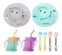 Qshare Baby Weaning Set,2 Pack Silicone Suction Plate Baby with Spoon Fork Sippy Cup for Toddler Kids Self Feeding,BPA Free for Babies Toddlers Kids