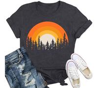 Qskall Hiking T Shirts Women Adventure Shirt Forest Sunset Tee Outdoor Camping Tops Grey