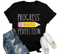 Qskall Teacher T Shirt for Women Teach Teaching Shirts Progress Over Perfection Tops Black