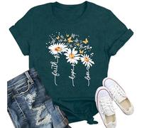 Qskall Womens Christian T-Shirts Daisy Floral Shirt Faith Hope Love Tee Butterfly Tops Green