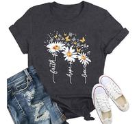 Qskall Womens Christian T-Shirts Daisy Floral Shirt Faith Hope Love Tee Butterfly Tops Grey